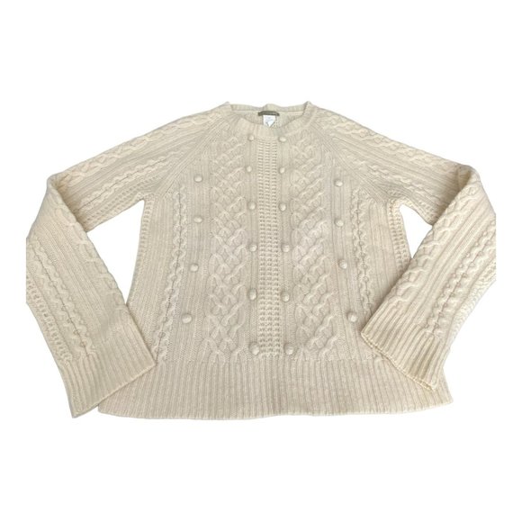 J. Crew Women's Small Lambswool Popcorn Pom Cable-knit Fisherman Sweater HTF - Picture 7 of 16